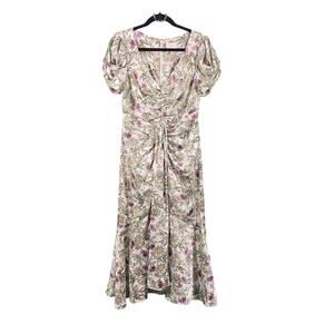 Cinq A Sept White Floral Ruched Front Short Sleeve V-neck Midi Dress Size 4